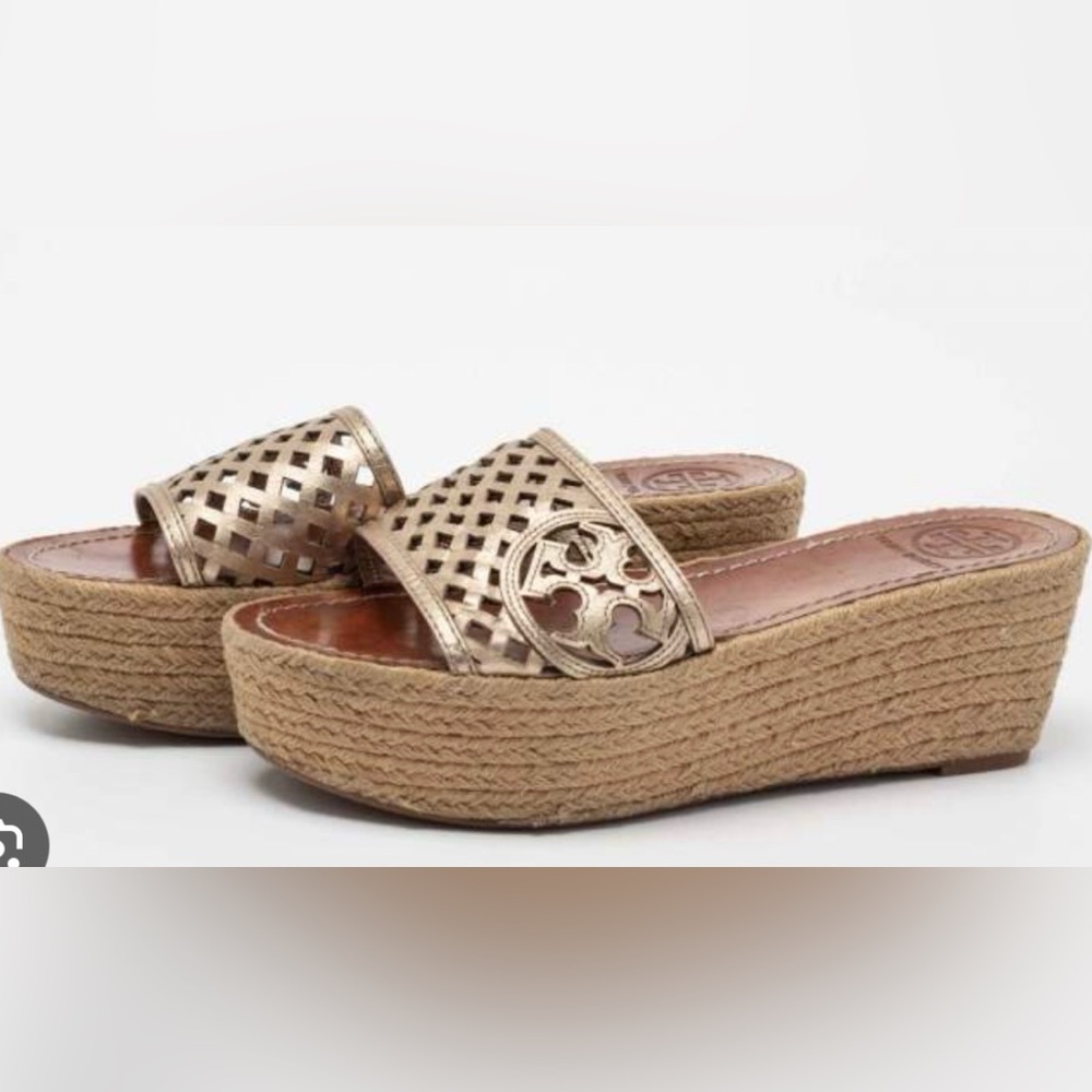 Tory Burch Gold Leather Cutout Platform Slide